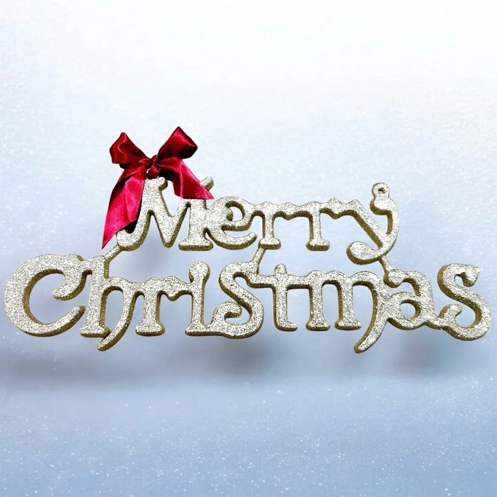 Gold Glitter Merry Christmas Sign with Bright Red Bow